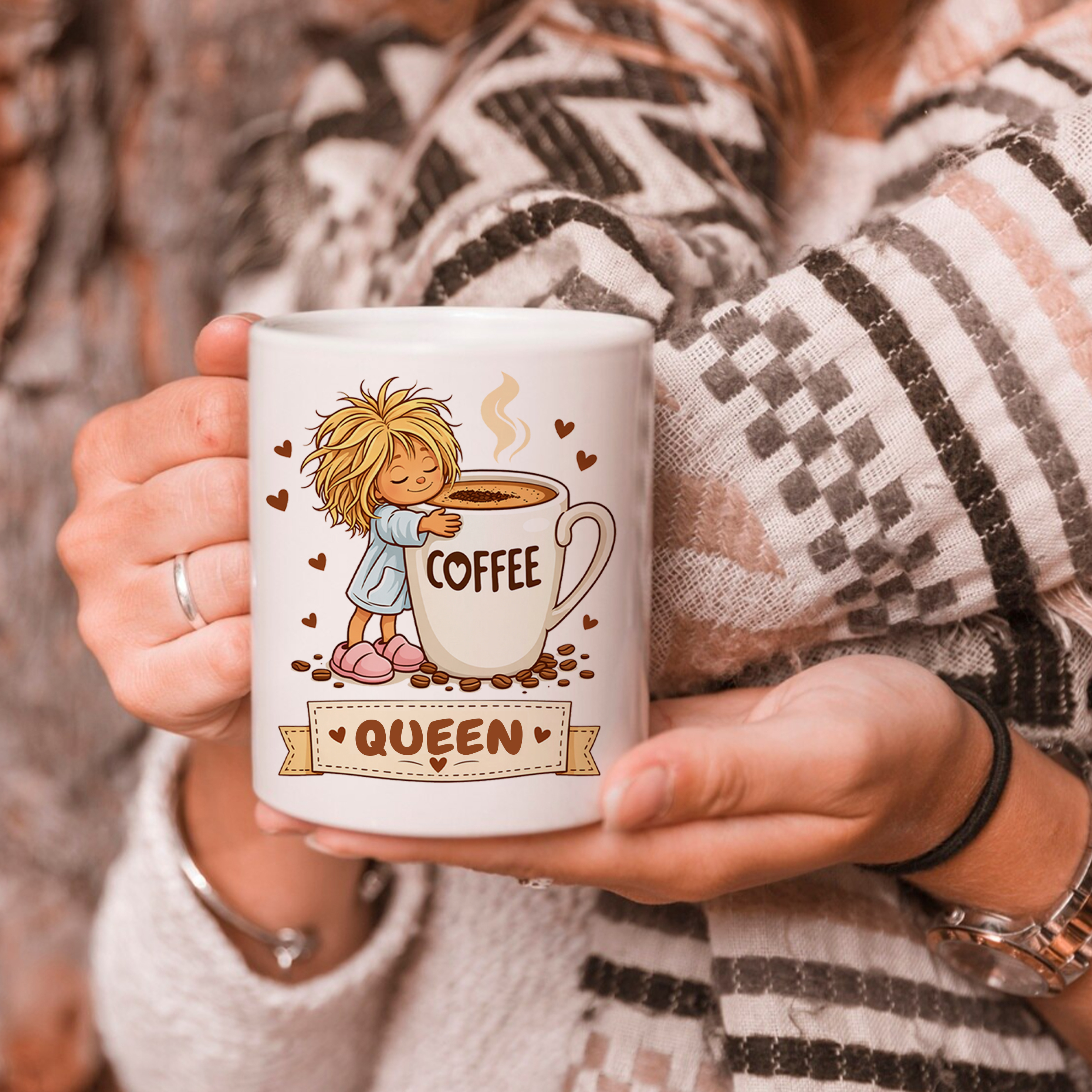 Personalised Cute Girl Hugging Coffee Cup